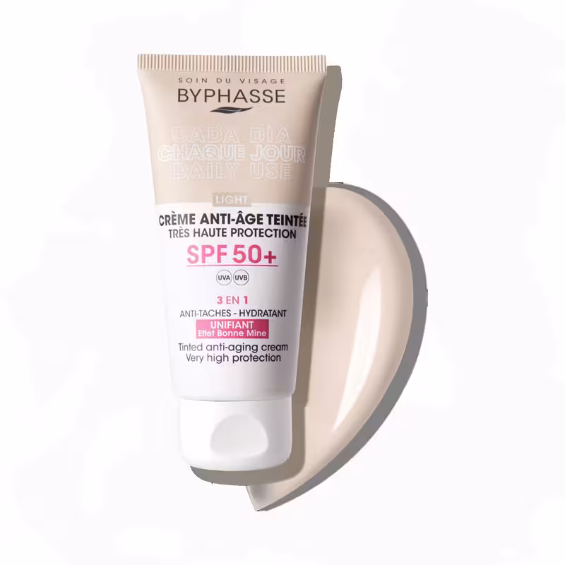 ضدآفتاب رنگی سه کاره آبرسان, آنتی اکسیدان و ضدچروک بایفاس Byphasse رنگ Light و SPF 50 حجم 50میل