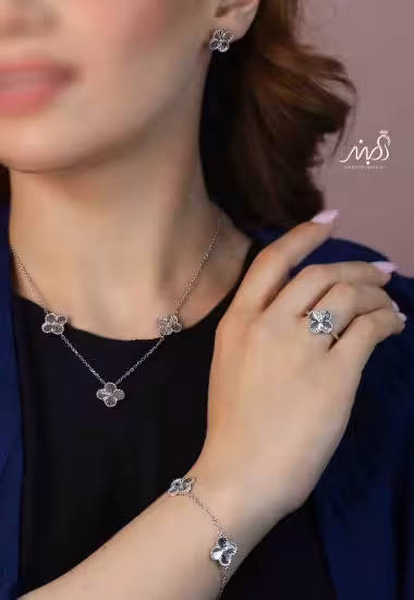 💍سرويس جواهری تراش ونکلیف خاص و زيبا(گردنبند ، گوشواره ، دستبند و انگشتر) نقره عیار 925 (S_6046)‌‌‌‌‌‌ ‌