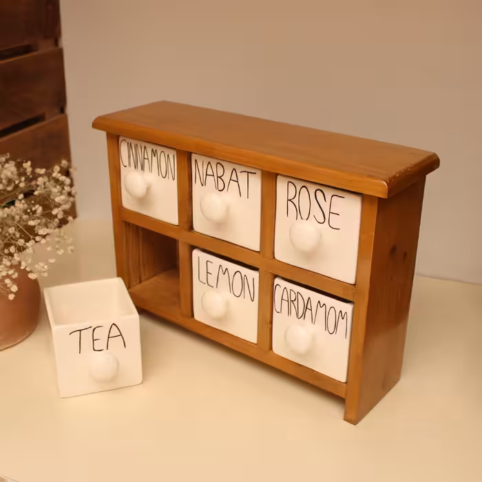 جای ادویه 6 پارچه مدل چوبی و سرامیکی کد Text06