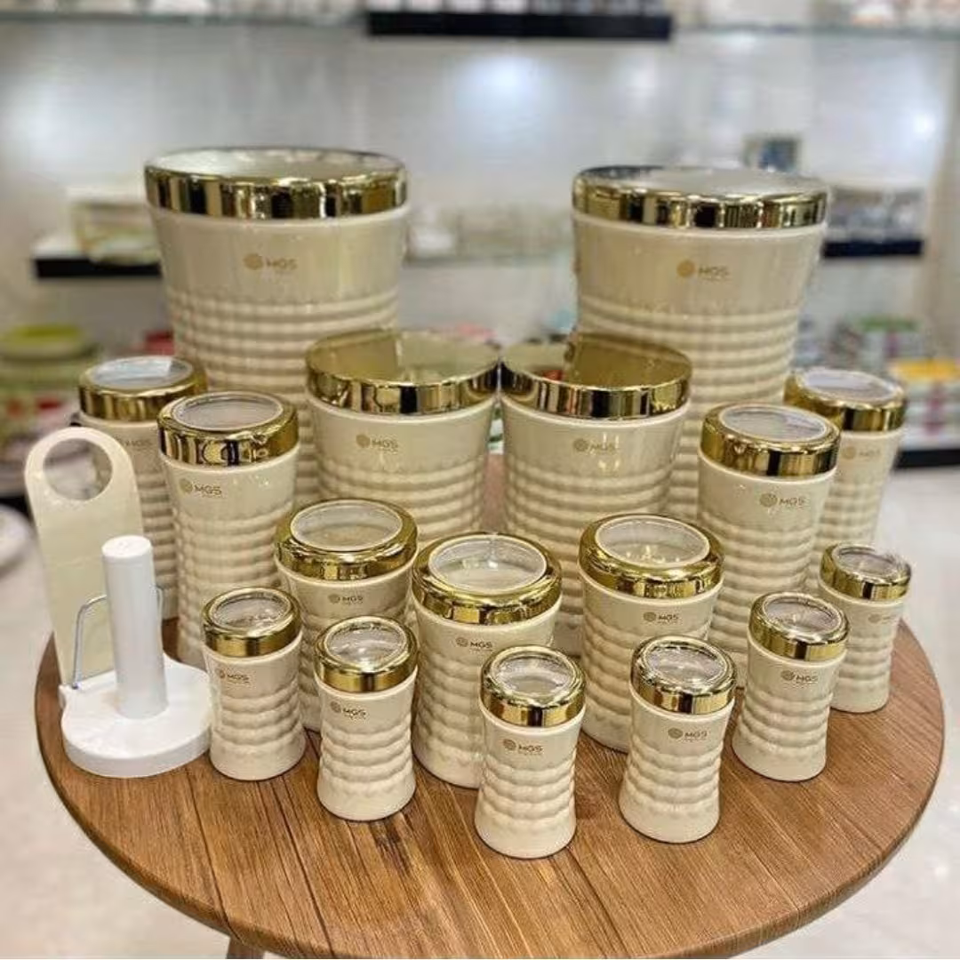 سرویس آشپزخانه 18 پارچه MGS ام جی اس مدل کریستالی رنگ کرم درب طلایی