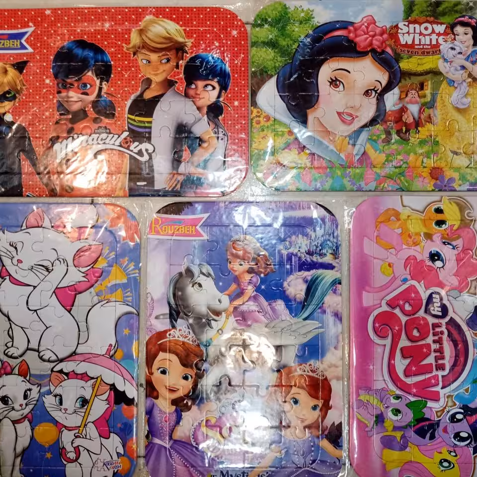 پازل دخترانه بزرگ سایز  رحلی A4 پشت وایت برد و ساده آنا السا دختر توت فرنگی دختر کفشدوزکی صوفیا