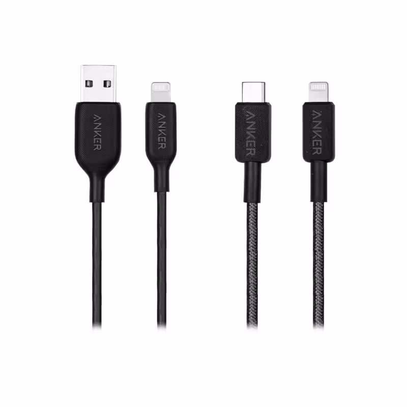 کابل USB-C به لایتنینگ انکر مدل A81B5H11 طول 0.9 متر به همراه کابل USB-A به لایتنینگ انکر مدل A8813H11 طول 1.8 متر