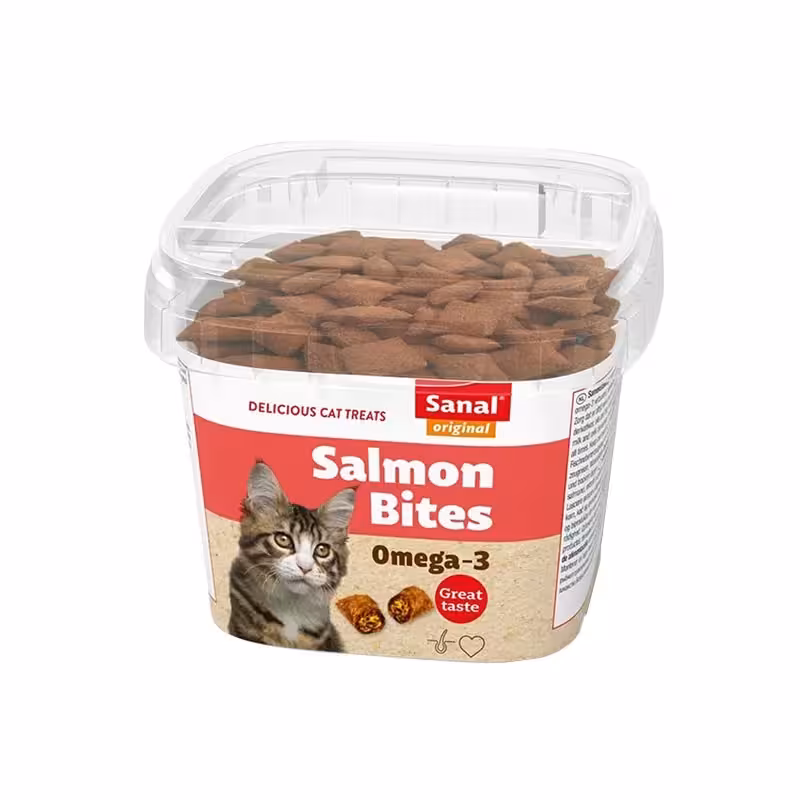 تشویقی سطلی گربه سانال با طعم ماهی سالمون حاوی امگا 3 Sanal Cat Treat With Salmon Fish Flavor & Omega 3 وزن 75 گرم