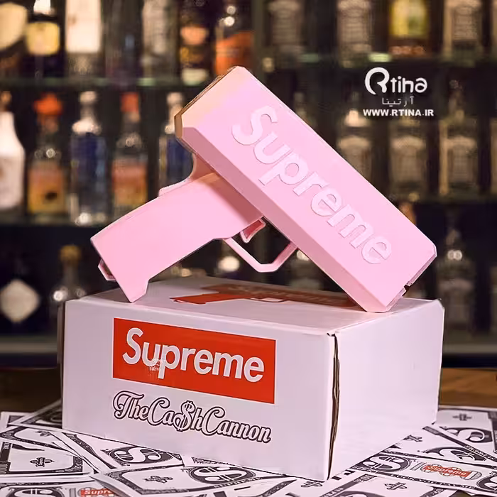 تفنگ پول پاش صورتی  باتری و بسته  دلار فیک رایگان