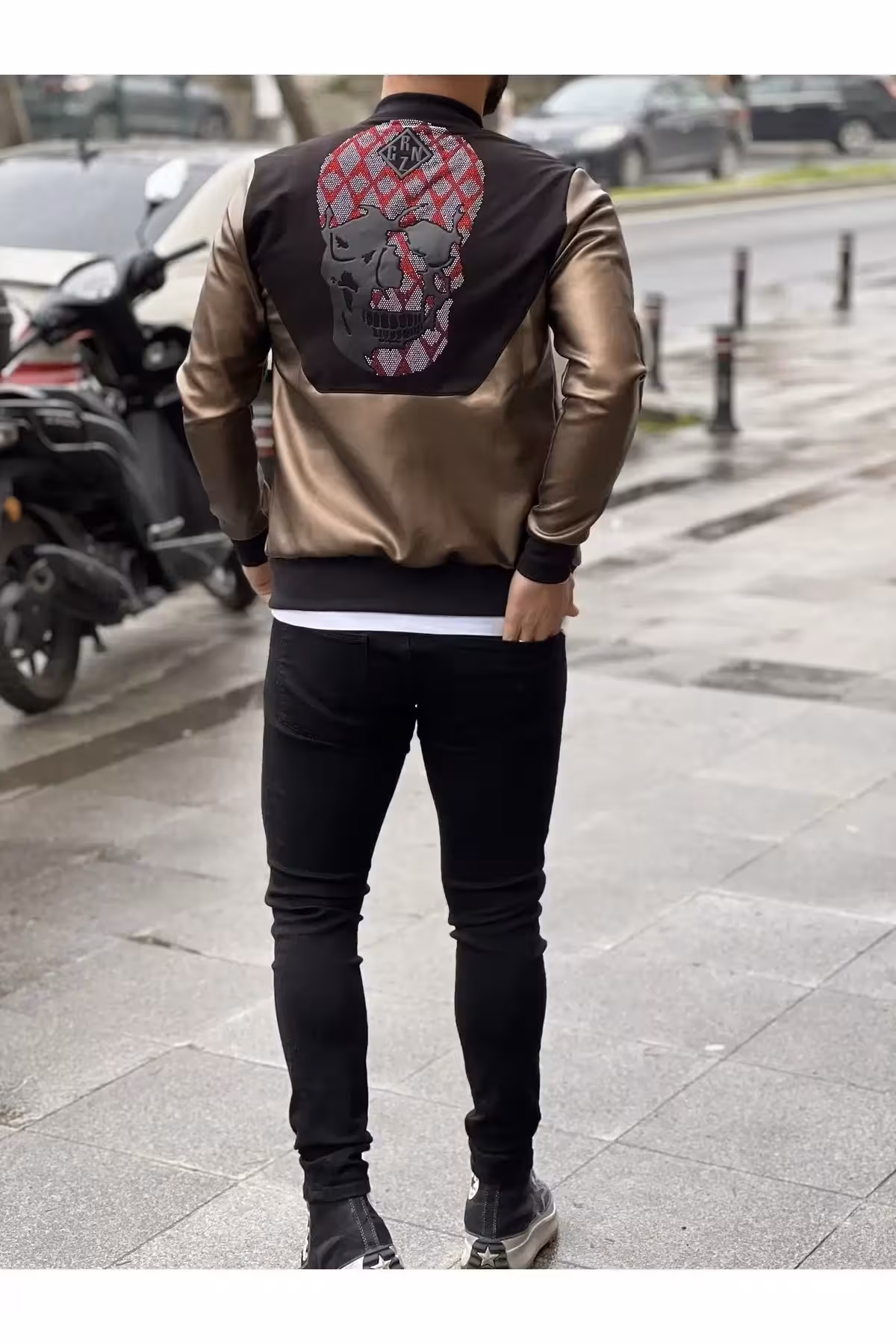 کاپشن چرم با نقش جمجمه در پشت - 7300