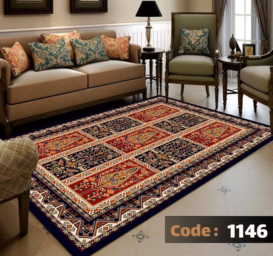 کاورفرش روفرشی دورکشدار گوشه لیفه ای لاکی ، آبی و متنوع کد 1146