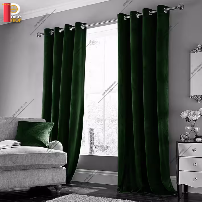 پرده پانچی مخمل کلاسیک رنگ سبزیشمی تیره