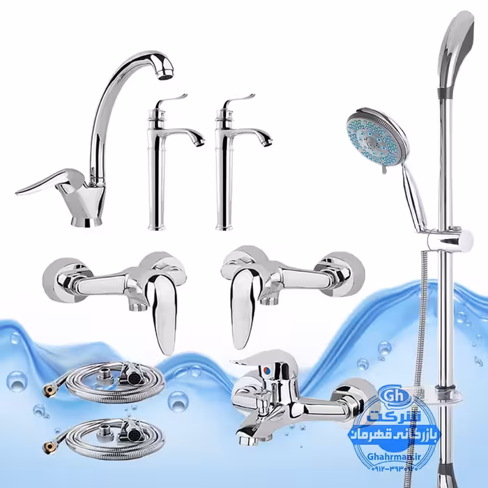 ست 9 عددی شیرآلات برند آیدا صنعت مدل قهرمان اردکی | شیر ظرفشویی   دو عدد شیر روشویی پایه‌بلند   شیر حمام   دو عدد شیر توالت   علم دوش یونیکا   دو عدد شلنگ توالت | کروم براق