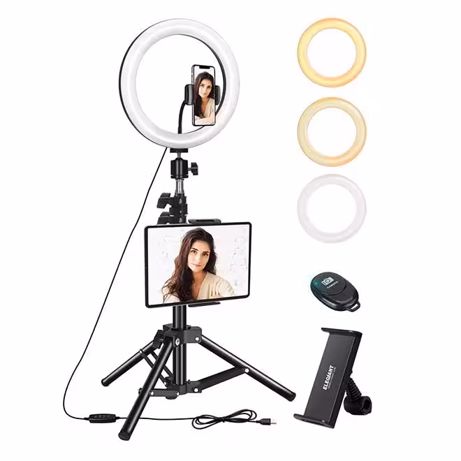 رینگ لایت 10 اینچی ELEGIANT با پایه، نگهدارنده گوشی و ریموت بلوتوثی برای تولید محتوا