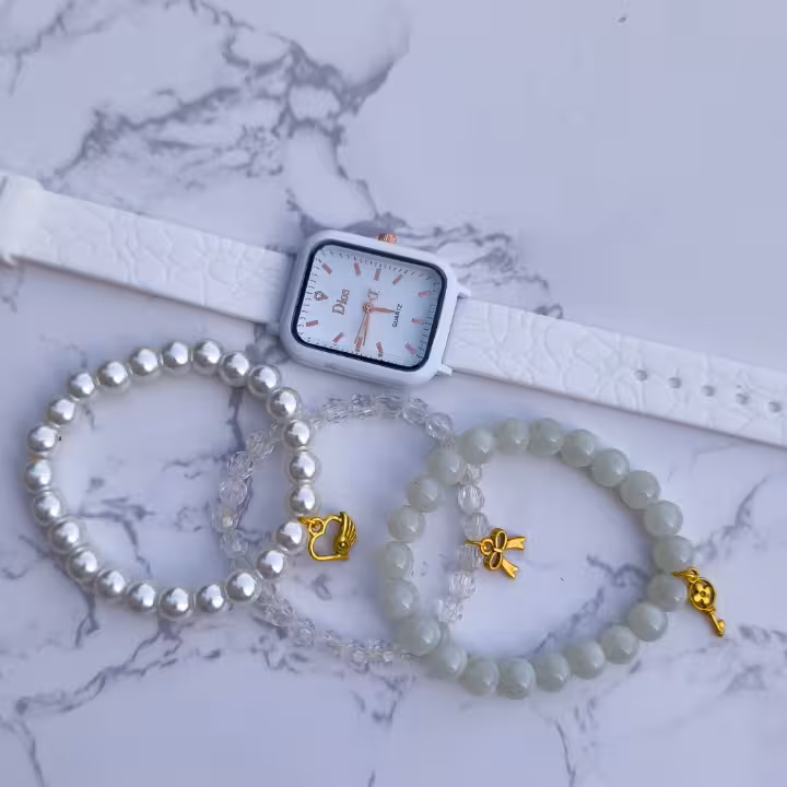 ست ساعت و دستبند دخترانه سفید