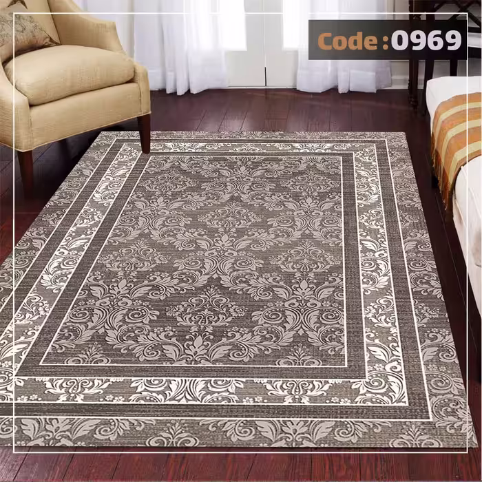 کاورفرش روفرشی دورکشدار گوشه لیفه ای کرم  قهوه ای کد 0969