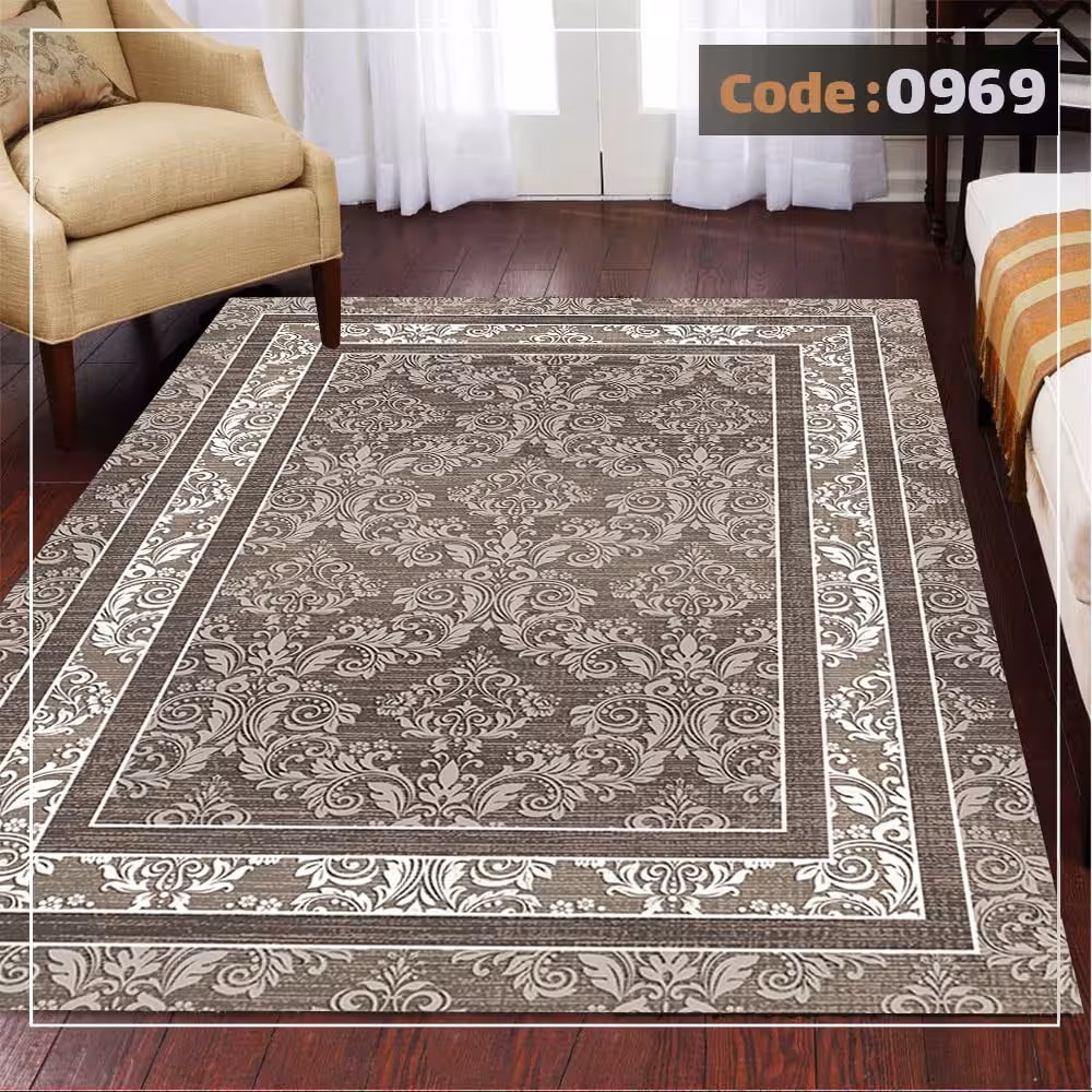 کاورفرش روفرشی دورکشدار گوشه لیفه ای کرم  قهوه ای کد 0969