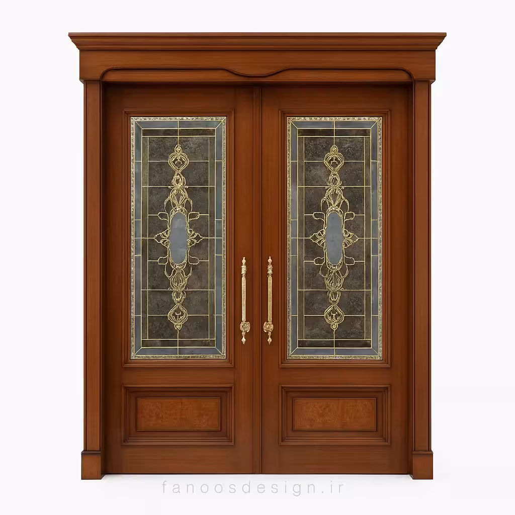 درب چوبی کلاسیک دو لنگه با شیشه دکوراتیو طلایی کد 30231