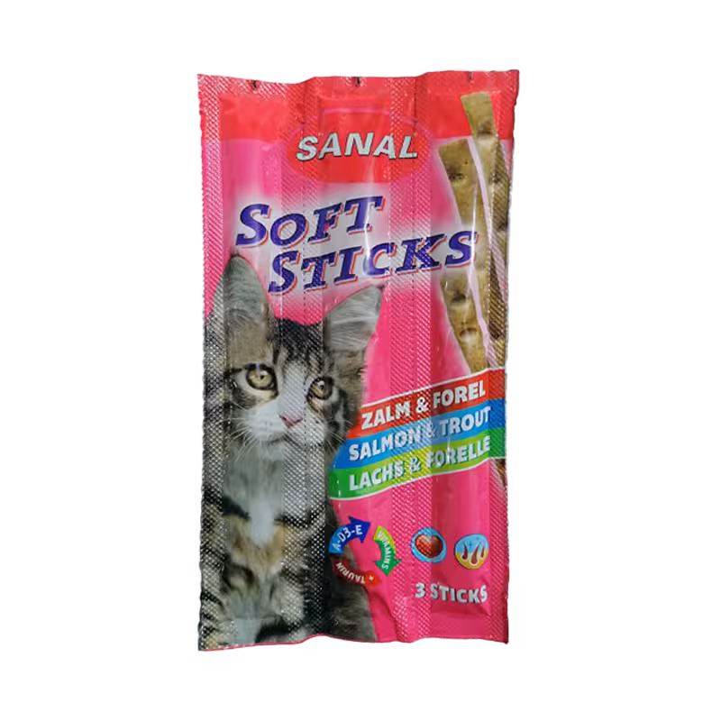 تشویقی مدادی گربه سانال با طعم سالمون و قزل آلا Sanal Soft Sticks Salmon & Trout بسته 3 عددی