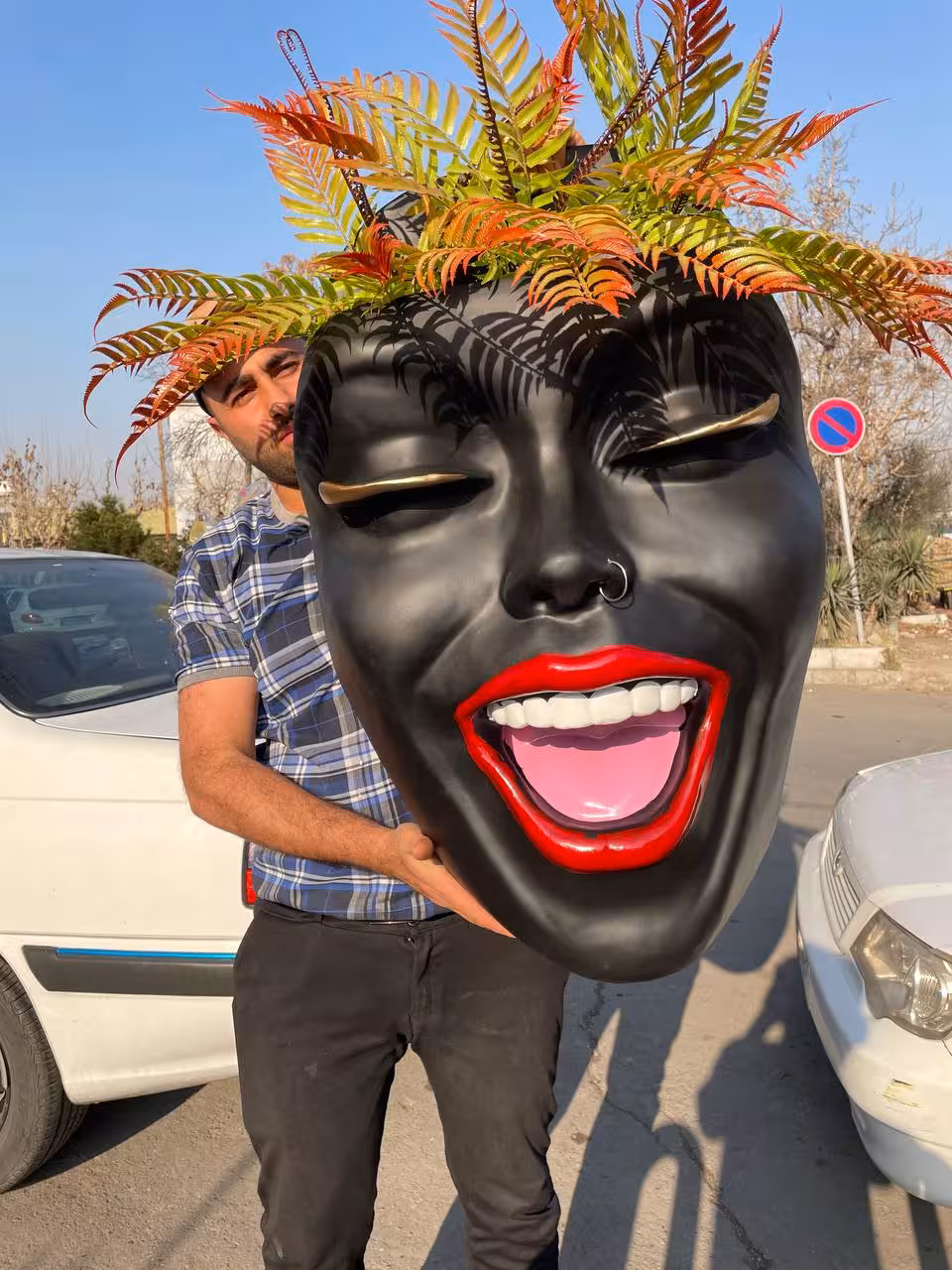 گلدان چهره دیواری مشکی با سرخس پاییزی