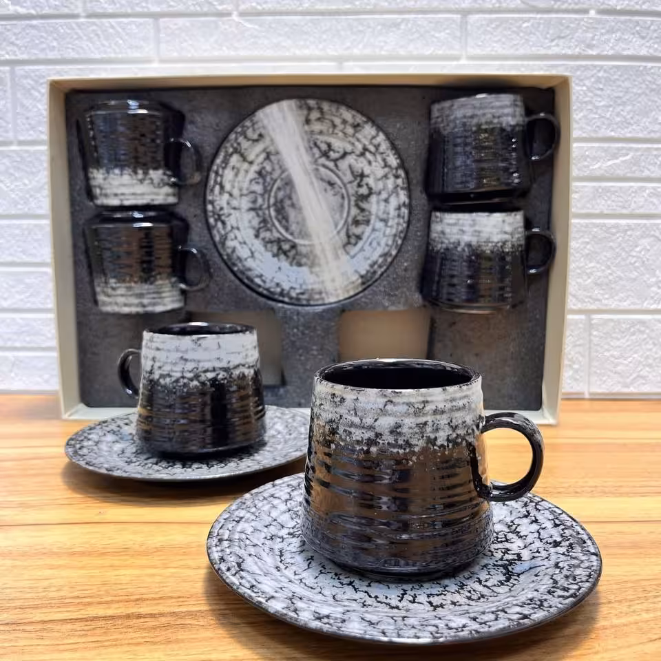 ست چایخوری و قهوه‌خوری سرامیکی طوسی مشکی 12 پارچه (چایخوری – قهوه‌خوری)