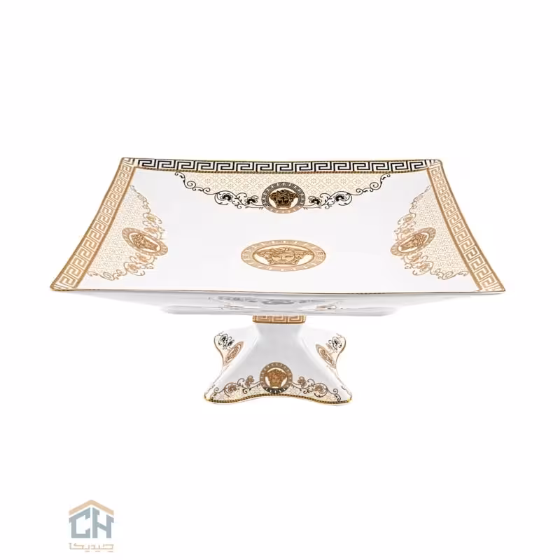 شیرینی خوری سرامیکی مربع بزرگ گلدکیش طرح Versace مدل GK791802