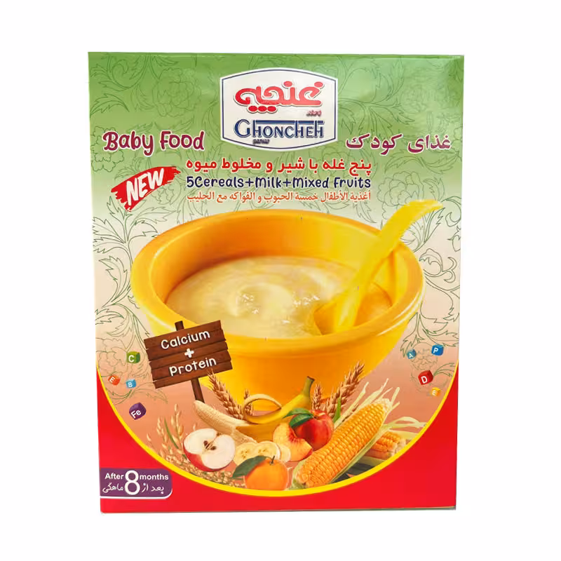 غذای کودک پنج غله با شیر و مخلوط میوه غنچه – 250 گرم