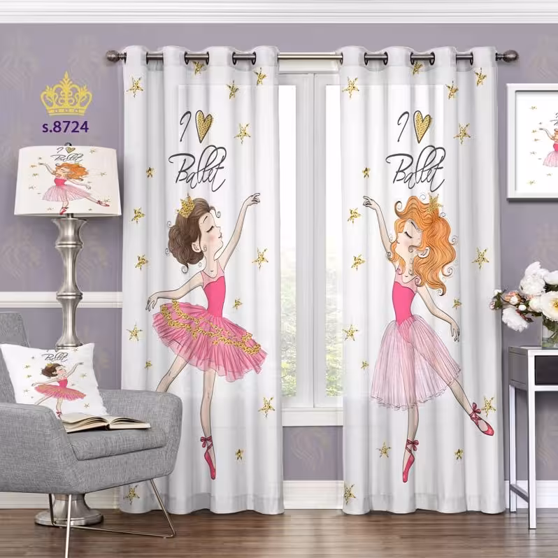 پرده اتاق خواب دخترانه دو قواره طرح باله  کد S8724