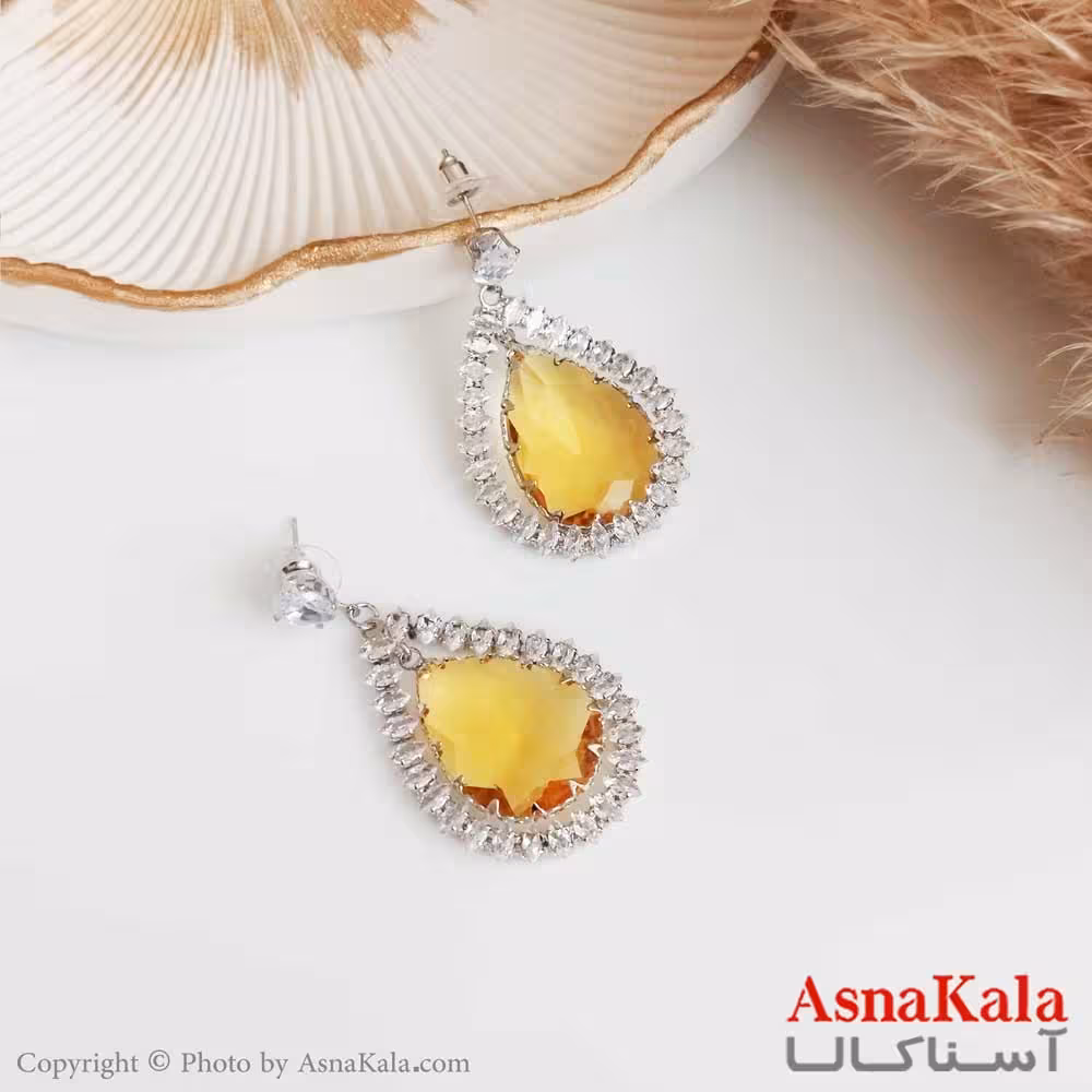 گوشواره جواهر بزرگ استیل مدل اشک فول نگین زرد کد GSH15364W