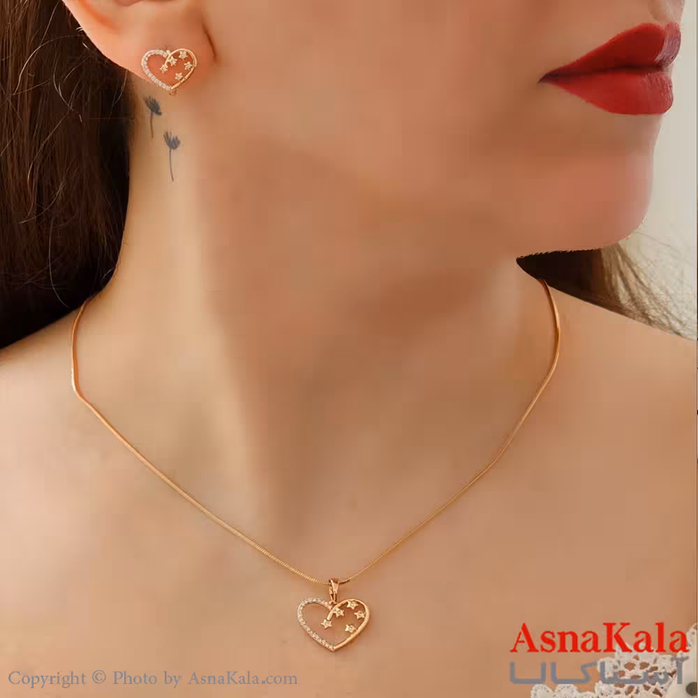 نیم ست زنانه ژوپینگ مدل قلب تک نگینی شامل گوشواره و گردنبند طرح طلا کد NIM14488W