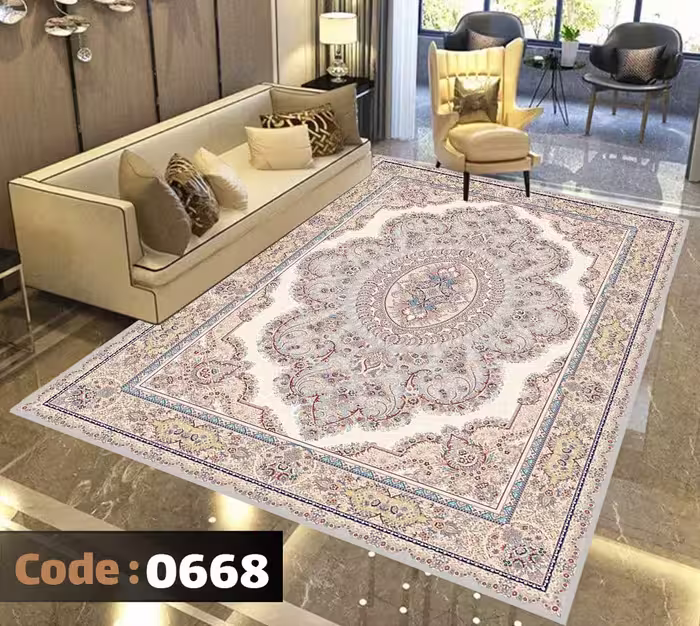 کاورفرش روفرشی دورکشدار گوشه لیفه ای کرم  قهوه ای کد 0668