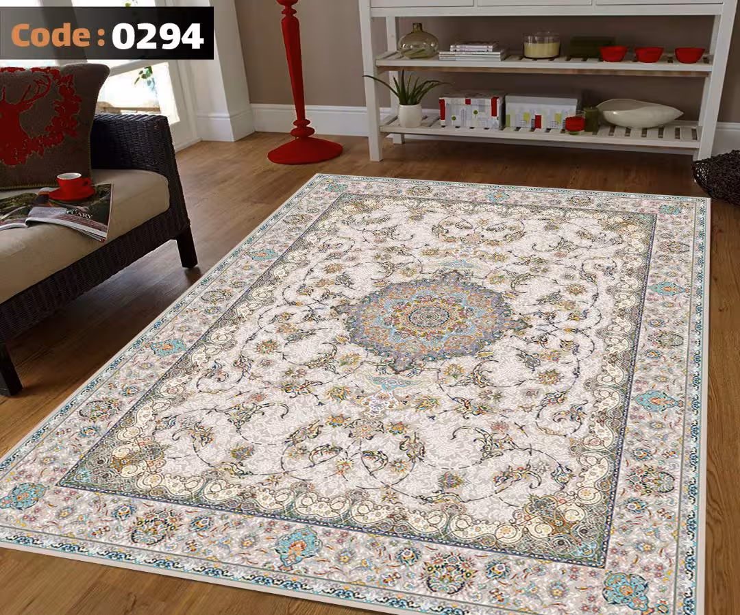کاورفرش روفرشی دورکشدار گوشه لیفه ای کرم  قهوه ای کد 0294