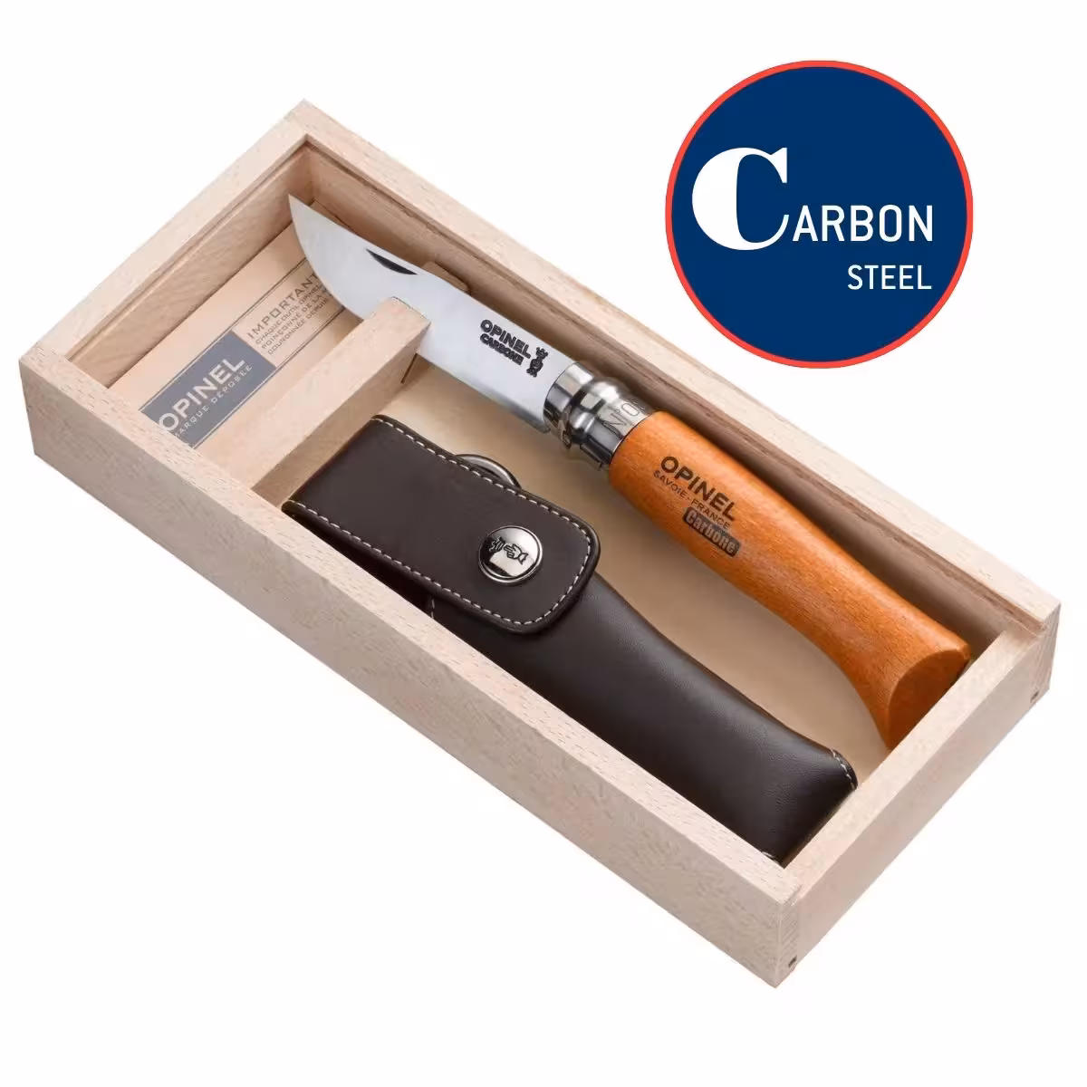 چاقو اپینل 08 کربن   غلاف چرم Opinel No.08 Carbon Steel Folding Knife with Sheath