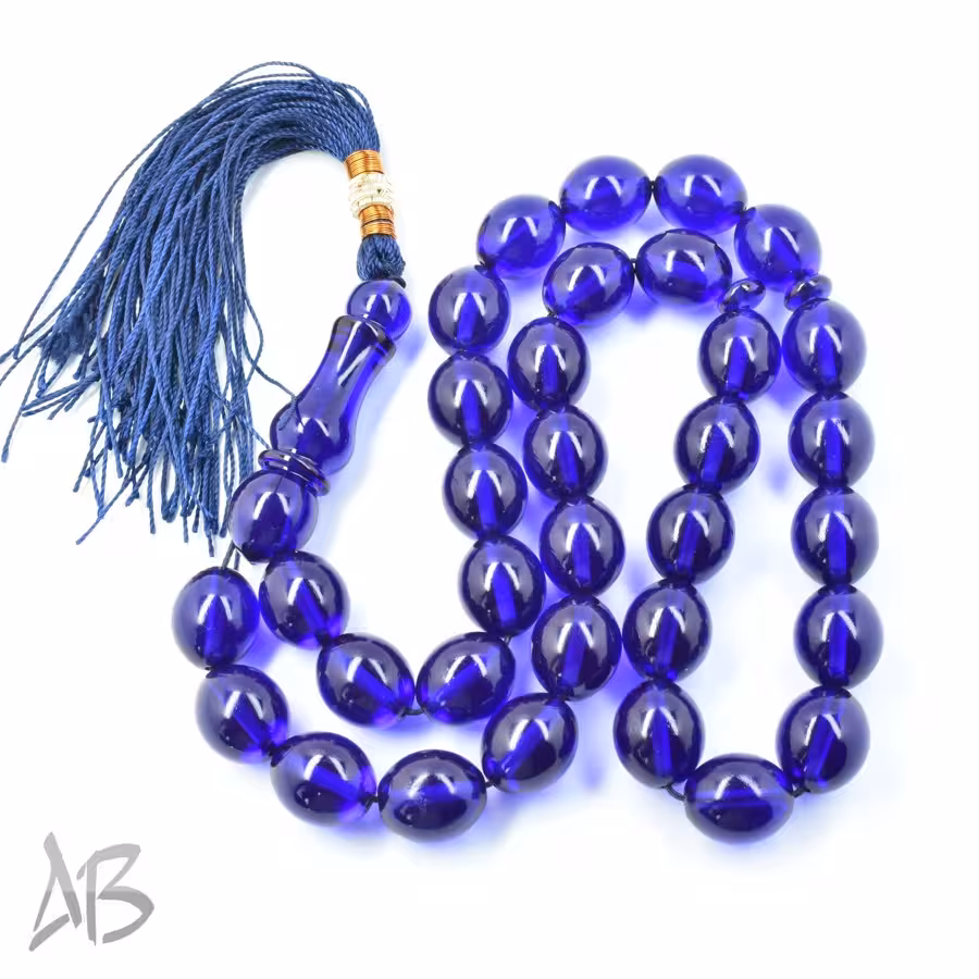 تسبیح سندلوس 33 دانه اصل بودار کد 1170 تراش تخم‌مرغی آبی کاربنی آقابزرگ