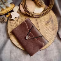 دفتر چرمی ، چرم بزی قهوه ای، 19 در 14, صد برگ کاغذ نخودی رنگ ، دکمه چوبی و‌ کش