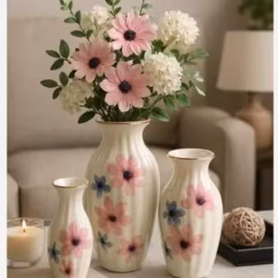 گلدان سرامیکی گل بهاری لب طلا 3 عددی