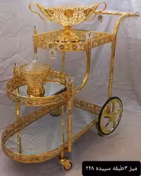 میز پذیرایی سه طبقه ال چرخ دار طرح سپیده رنگ طلایی سایز بزرگ