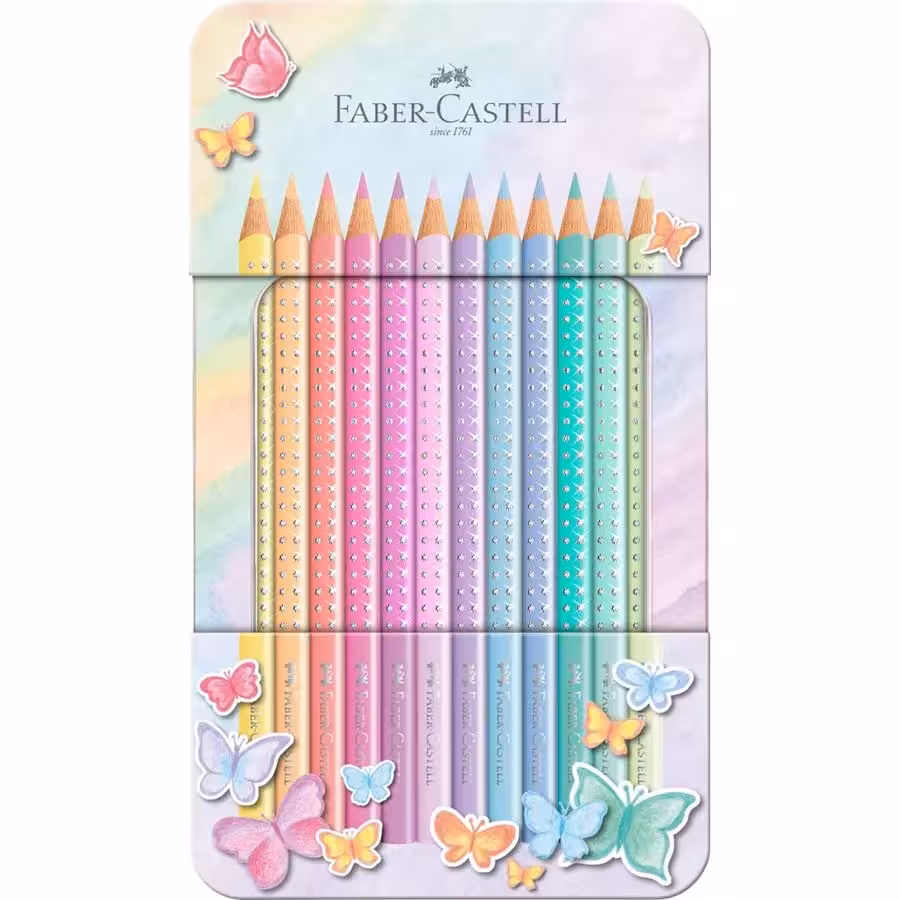 فابرکاستل مداد رنگی گریپ اسپارکل 12 رنگ پاستلی FABER-CASTELL Colored pencils Sparkle pastel pieces in a tin case 201910