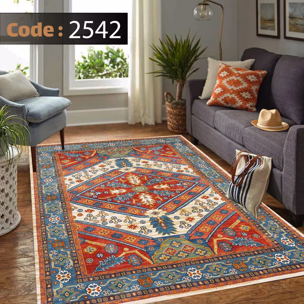 کاورفرش روفرشی دورکشدار گوشه لیفه ای لاکی ، آبی و متنوع کد 2542