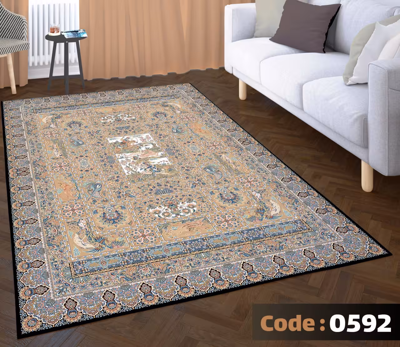 کاورفرش روفرشی دورکشدار گوشه لیفه ای کرم  قهوه ای کد 0592