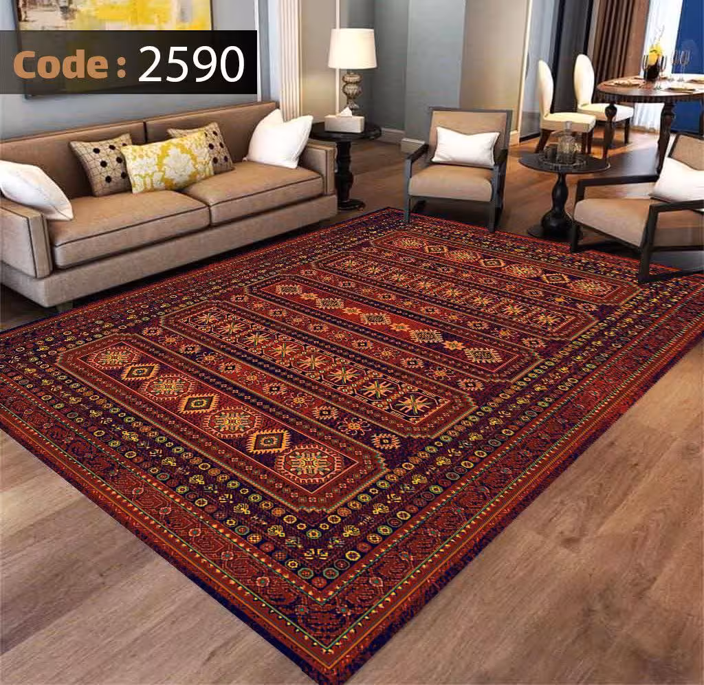 کاورفرش روفرشی دورکشدار گوشه لیفه ای لاکی ، آبی و متنوع کد 2590