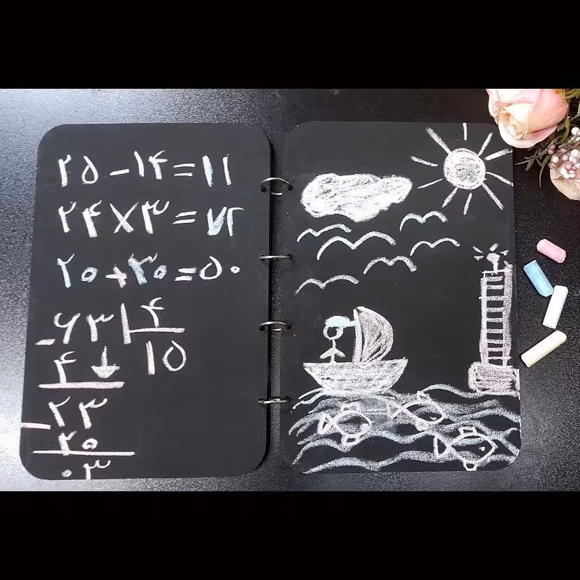 دفتر  نقاشی و تمرین تخته سیاه جنس چوبی 5 صفحه ای با 4رنگ گچ