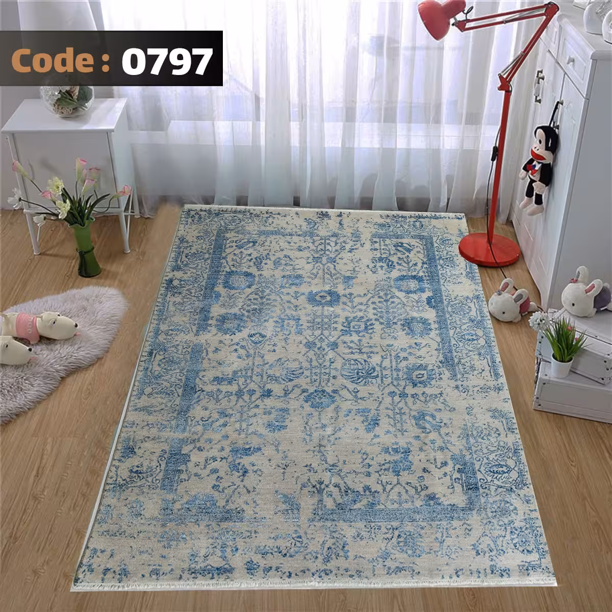 کاورفرش روفرشی دورکشدار گوشه لیفه ای لاکی ، آبی و متنوع کد 0797