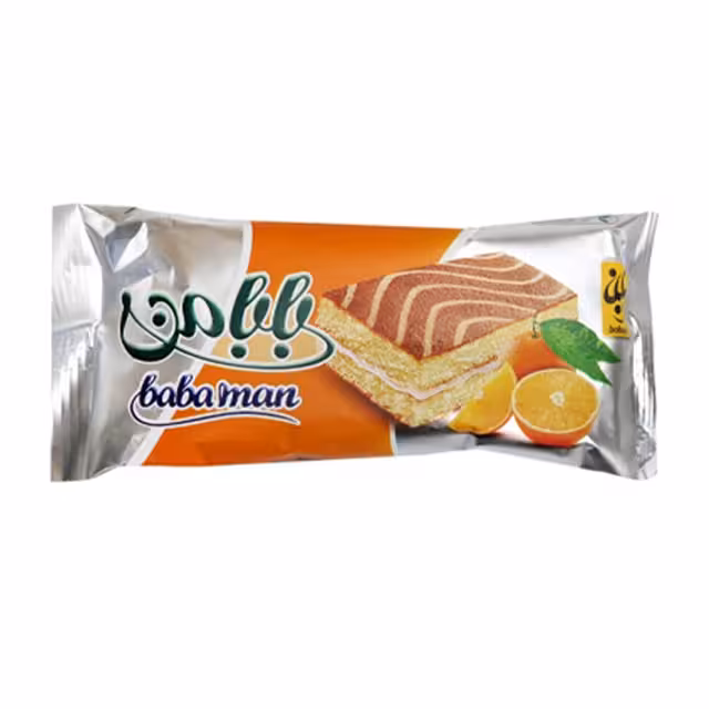 کیک دولایه اسفنجی بابانا با کرم شیری و طعم پرتقال 50 گرمی