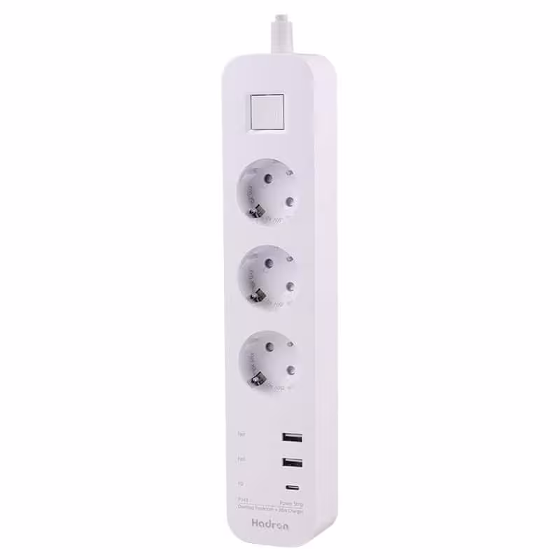 چند راهی 3 خانه برق ارت دار هادرون P343 با کابل 18 متری شارژر USB و Type-C