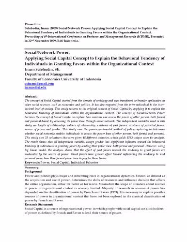 خرید و دانلود نسخه کامل کتاب Social Network Power: Applying Social Capital Concept to Explain the Behavioral Tendency of Individuals in Granting Favors within the Organizational Context