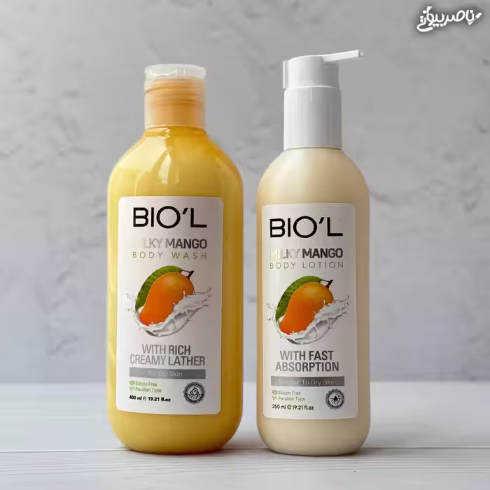 پک دو محصول لوسیون و شامپو بدن بیول رایحه انبه Milky Mango