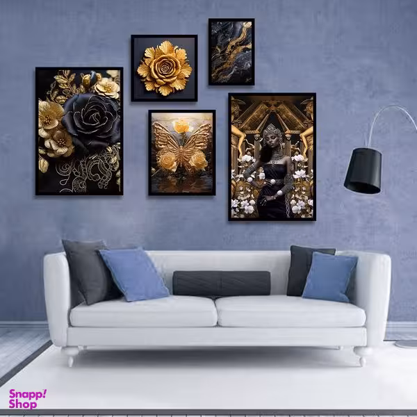 تابلو بکلیت طرح رزین گل و پروانه طلایی مدل B-1244 مجموعه 5 عددی