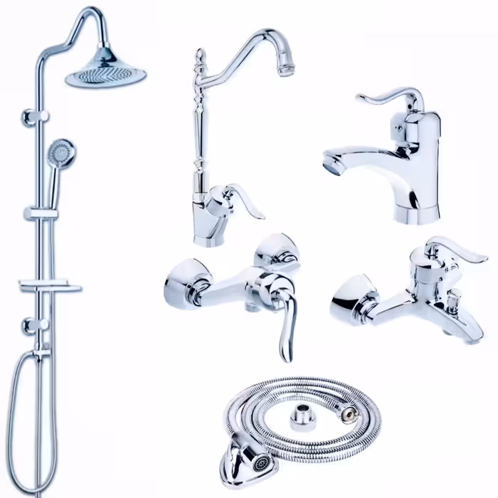 ست شیرآلات رز مدل بیزانس مجموعه 6 عددی کروم به همراه علم دوش دوکاره شیپوری و شلنگ سرویس بهداشتی 