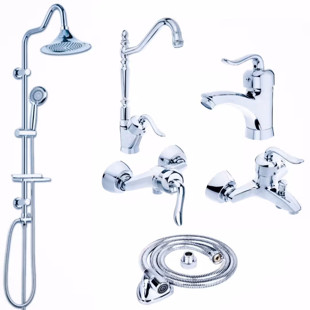 ست شیرآلات رز مدل بیزانس مجموعه 6 عددی کروم به همراه علم دوش دوکاره شیپوری و شلنگ سرویس بهداشتی 