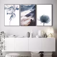 تابلو روما دیزاین طرح قاصدک و رشته کوه در مه و دود A115d مجموعه 3 عددی | دنیای قاب