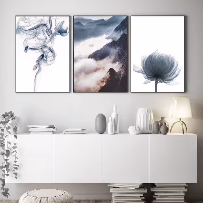 تابلو روما دیزاین طرح قاصدک و رشته کوه در مه و دود A115d مجموعه 3 عددی | دنیای قاب