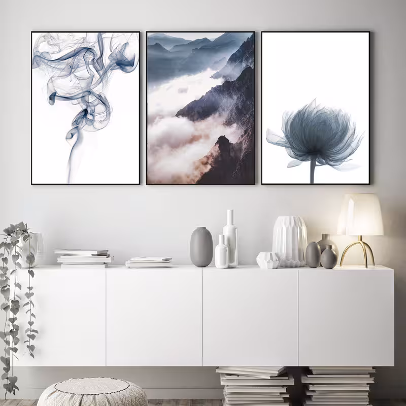 تابلو روما دیزاین طرح قاصدک و رشته کوه در مه و دود A115d مجموعه 3 عددی | دنیای قاب