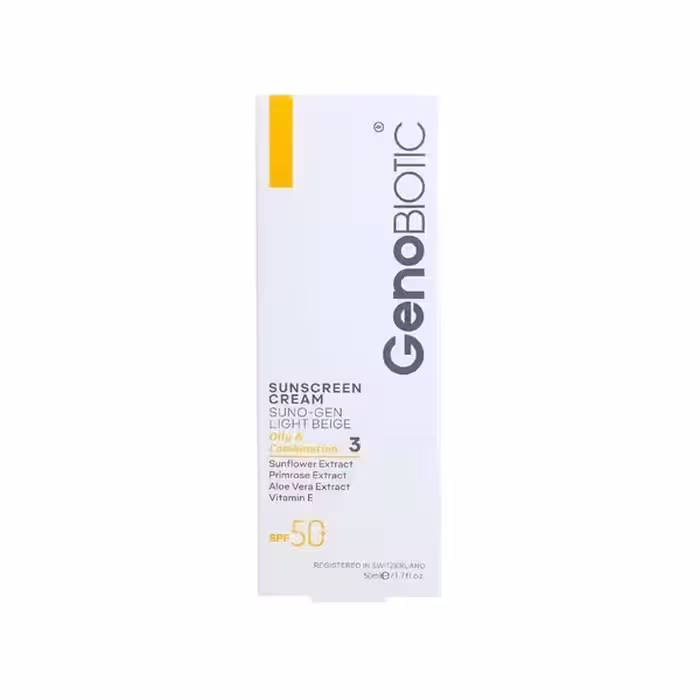 کرم ضدآفتاب بژ روشن SPF50 مناسب پوست چرب و مختلط ژنوبایوتیک 50 میلی‌لیتر GenoBiotic