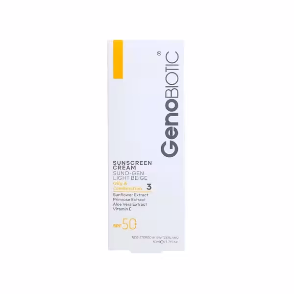 کرم ضدآفتاب بژ روشن SPF50 مناسب پوست چرب و مختلط ژنوبایوتیک 50 میلیلیتر GenoBiotic